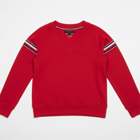 NWT Tommy Hilfiger Women's Red with Metallic Stripes V-Neck Sweatshirt M - Picture 5 of 14